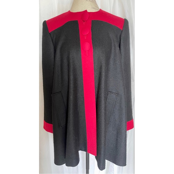 90s Vintage Avant Premiere Paris Black w/Red Trim Swing Coat Size Large - Picture 1 of 6